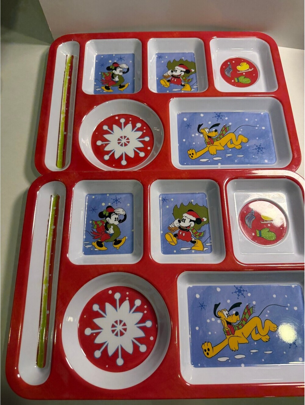 Vintage Disney Christmas Melamine Compartment Tray Set with Mickey, Minnie, and
